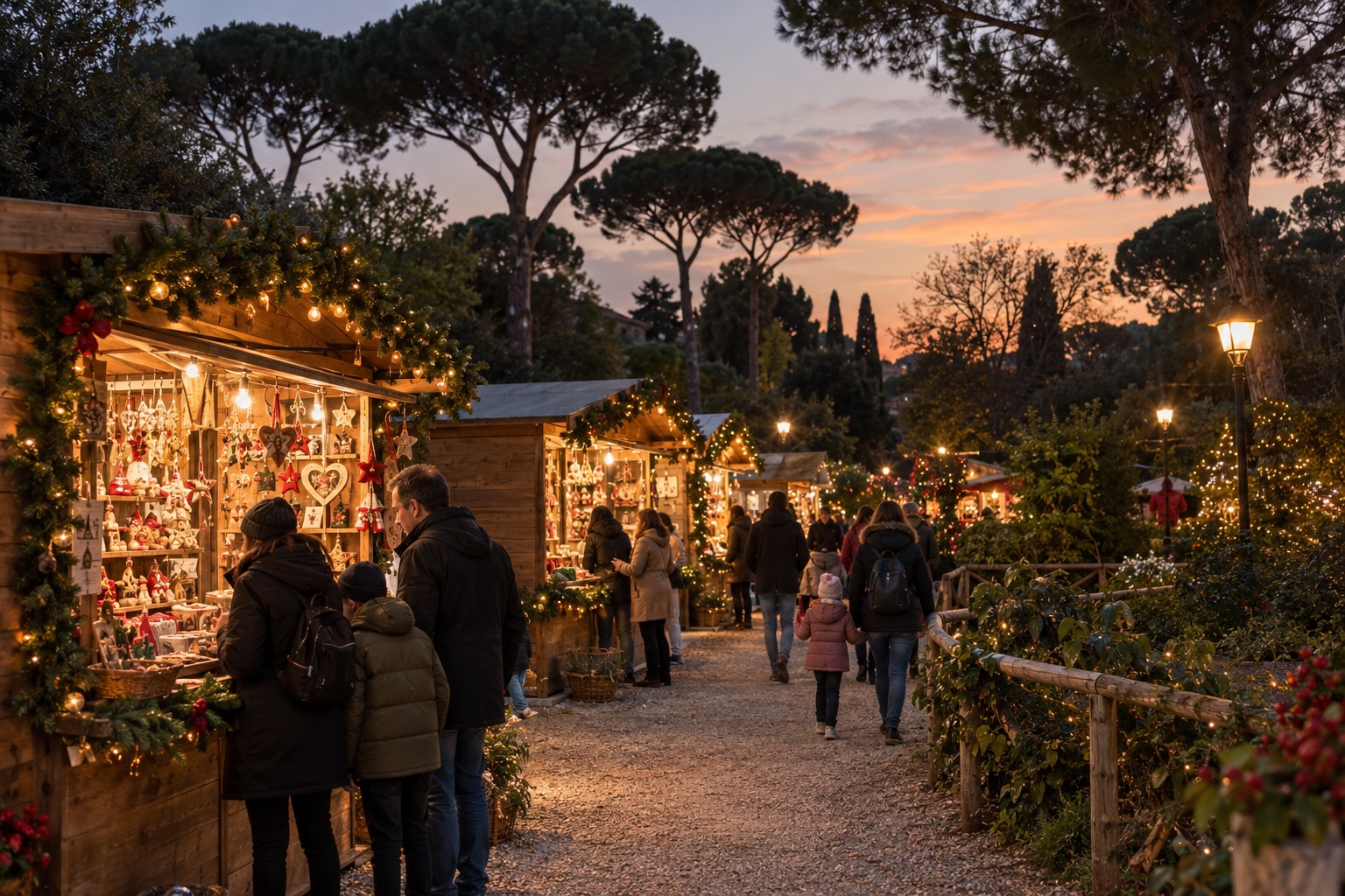 Festive stalls in a park with Roman umbrella pines