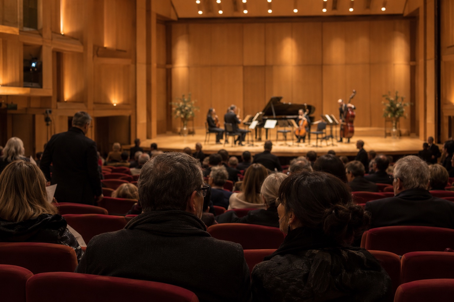 A warm concert hall seen from the audience