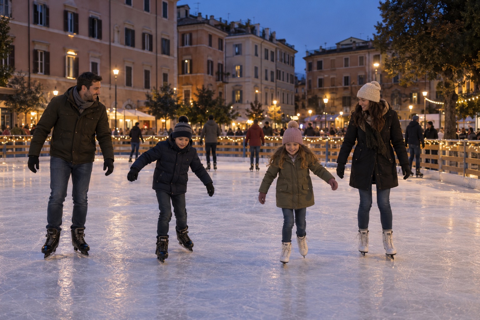 A family on a small outdoor ice rink at dusk