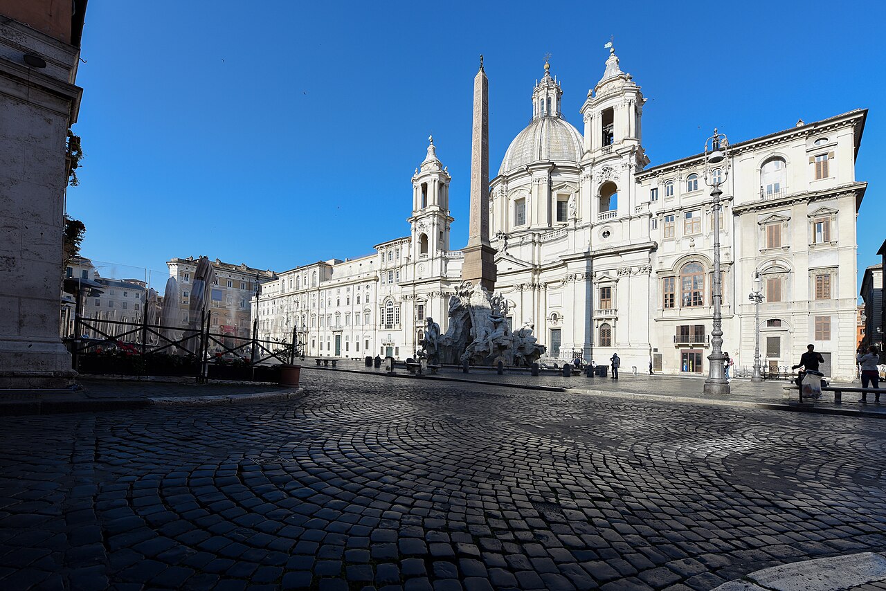 Piazza Navona and its Baroque church; daytime location photograph