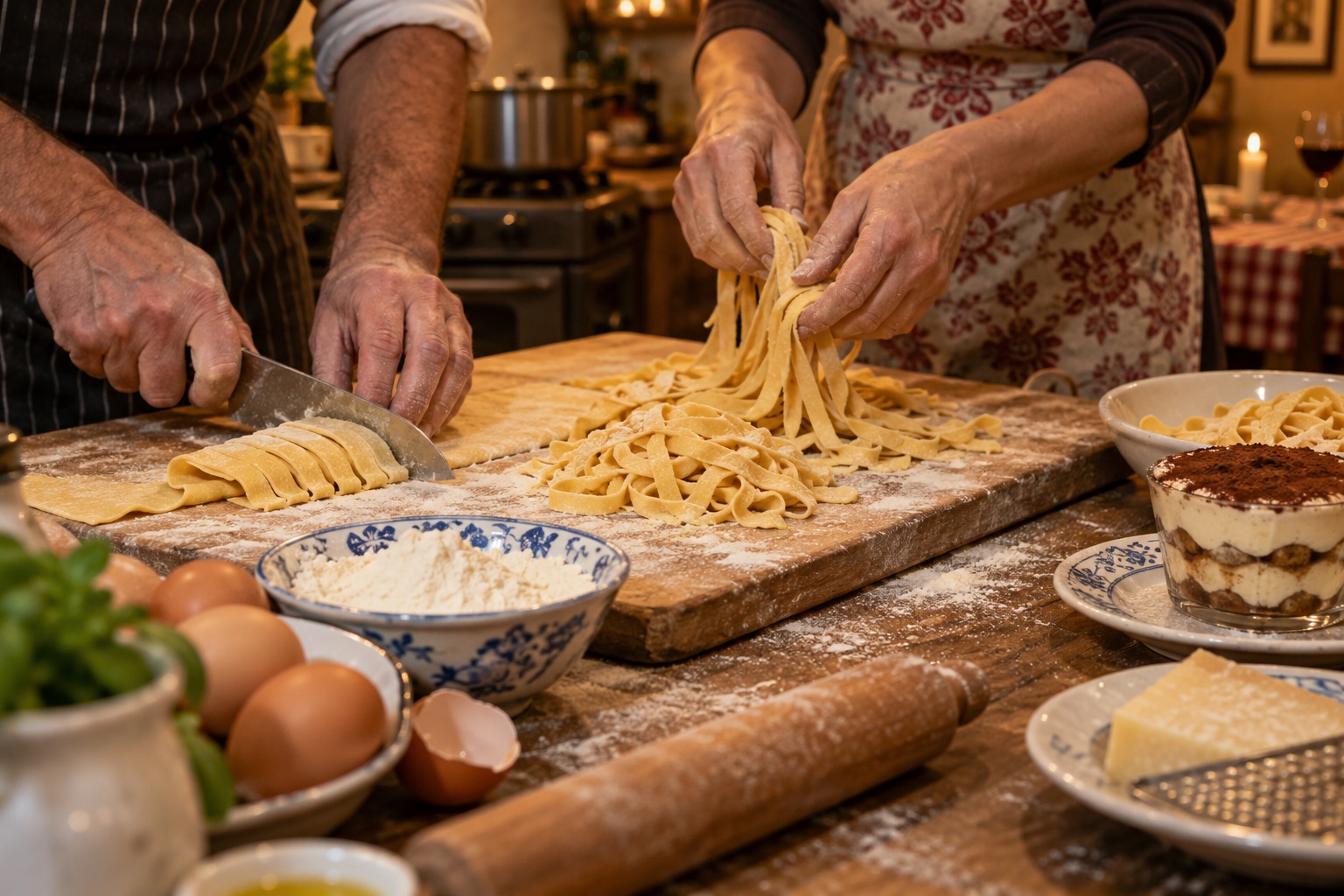 Hände bereiten frische Pasta an einem warm beleuchteten Tisch zu