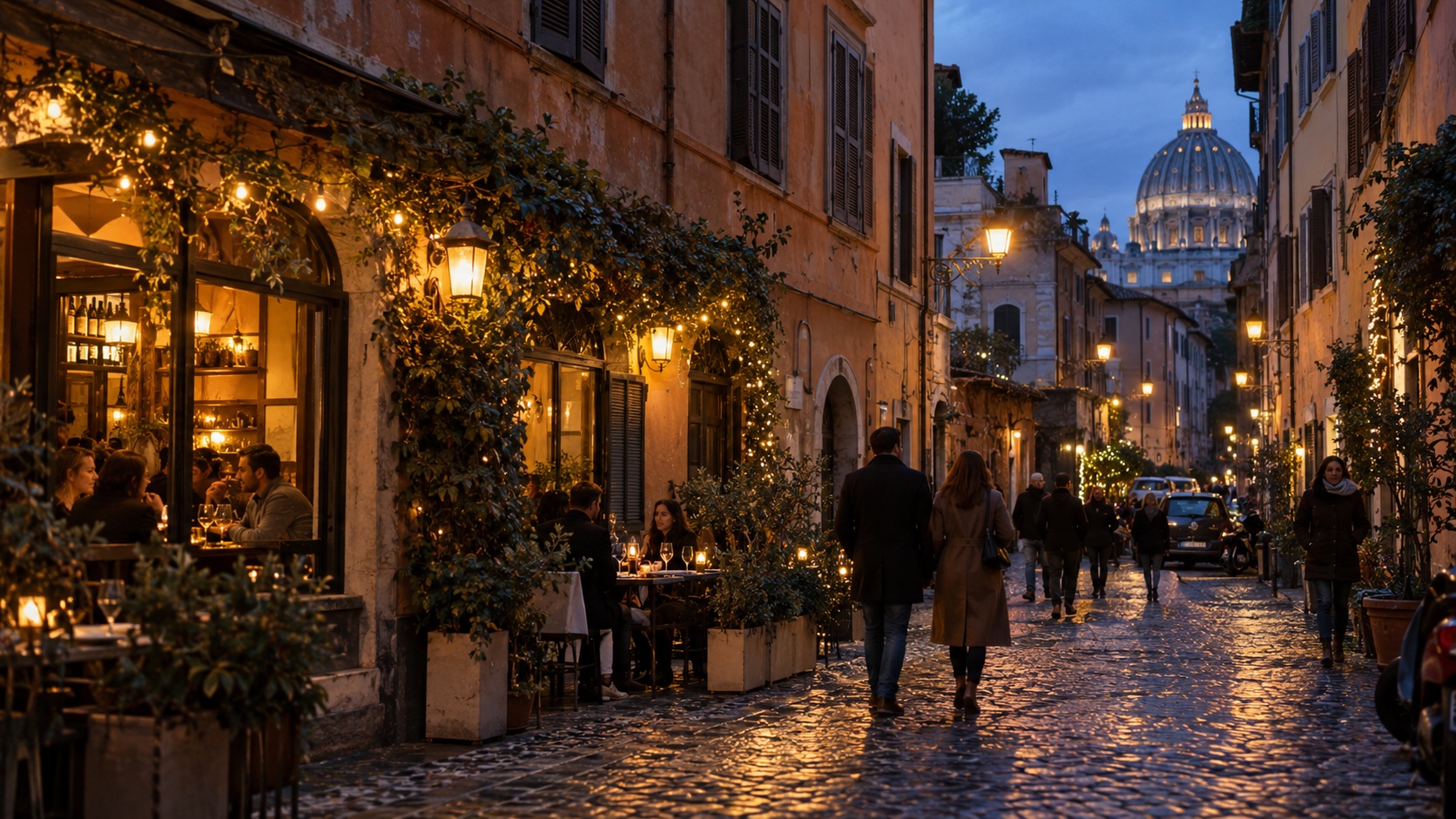 Illustrative Roman winter evening with warm lights and historic streets